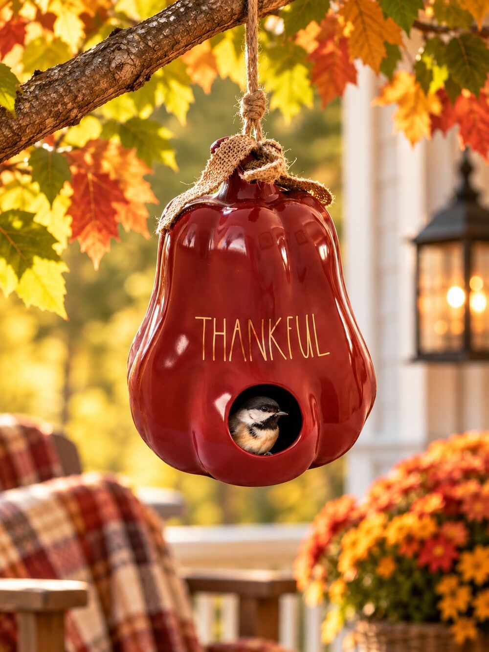 Rae Dunn Thankful Ceramic Pumpkin Birdhouse Burgundy Fall Autumn Decor NWT